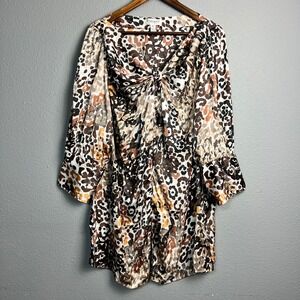 Farinaz Taghavi‎ Abstract Animal Print Mini Dress Tie Front Boho Blouson Sleeve